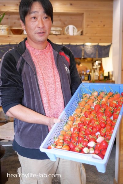 苺をかごいっぱいに持つむつみ農園酒井さんの写真